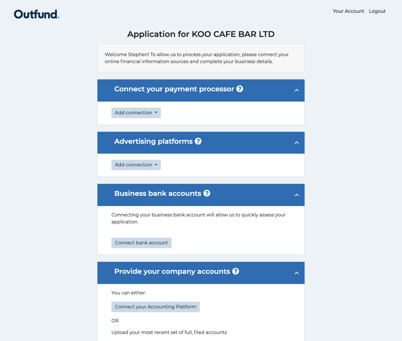 Original Outfund application screen with multiple expandable sections for payment processors, ad platforms, bank and accounts
