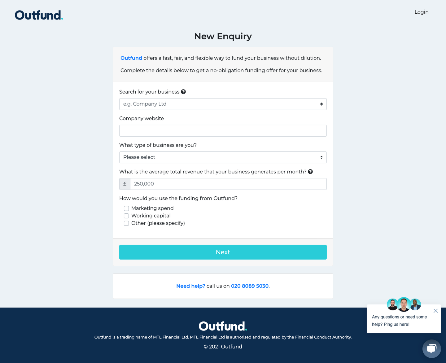 Original Outfund New Enquiry form, a single dense step asking for business, website, type, revenue and use of funds